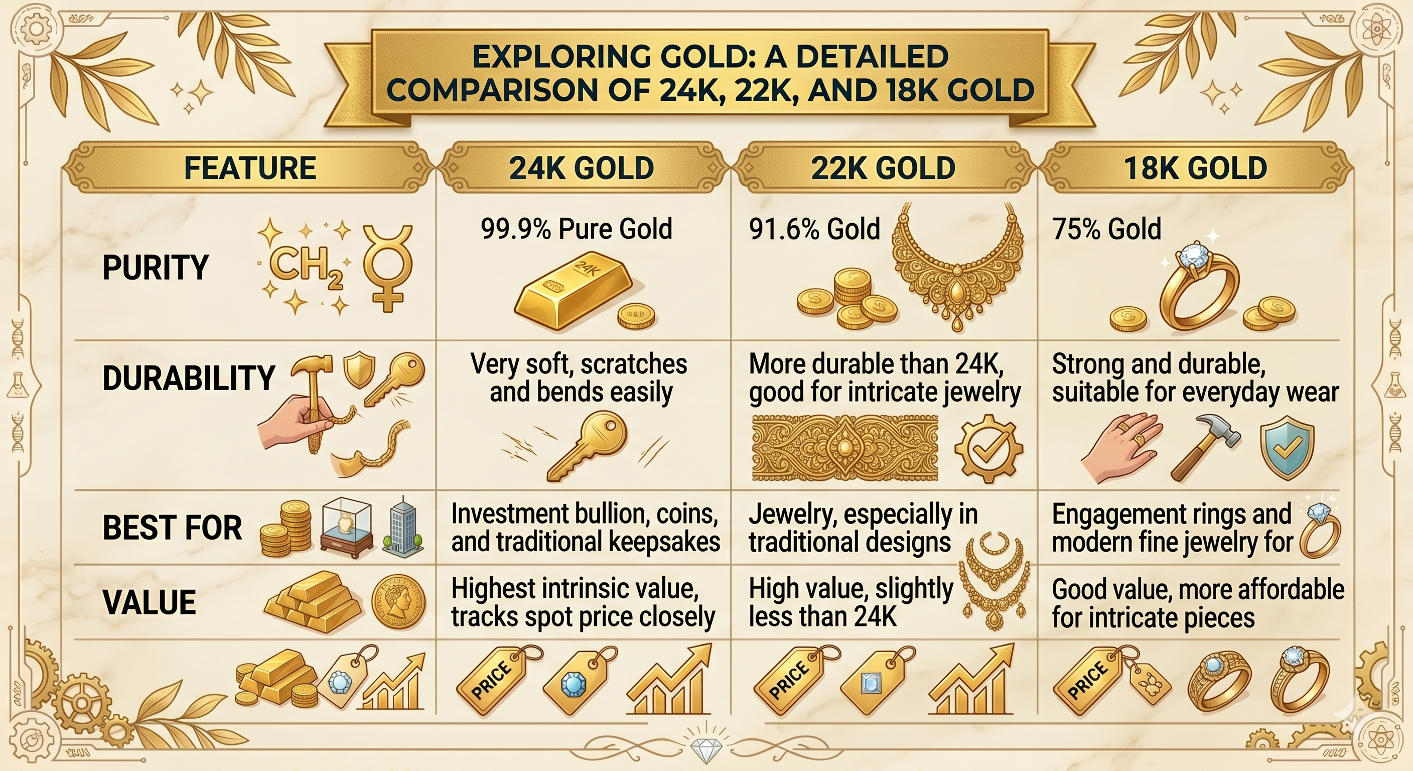 compares 24K gold with 18K and 22K gold